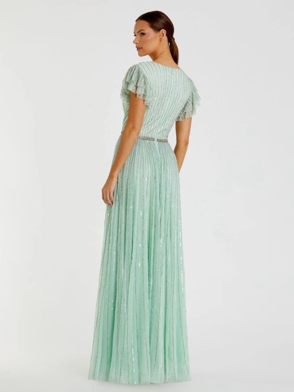 Mac Duggal Size 16 Green Sequin Beaded V-Neck Ruffle Cap Sleeve Maxi Ball Gown B - Picture 3 of 13